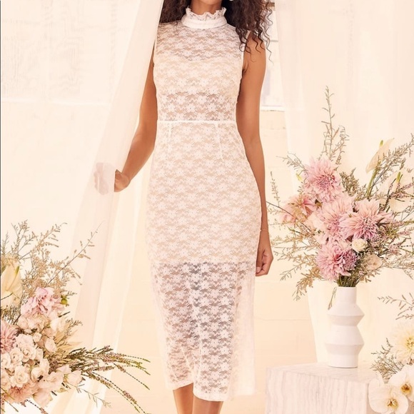 Lulus Dresses & Skirts - Lulu’s Visions Of Love White Lace Semi Sheer Midi Dress Bridal Formal NEW XS